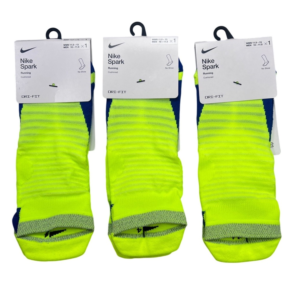 Nike Spark Running Cushioned No Show Socks Volt‎ Yellow Blue Pairs Men's 10-11.5